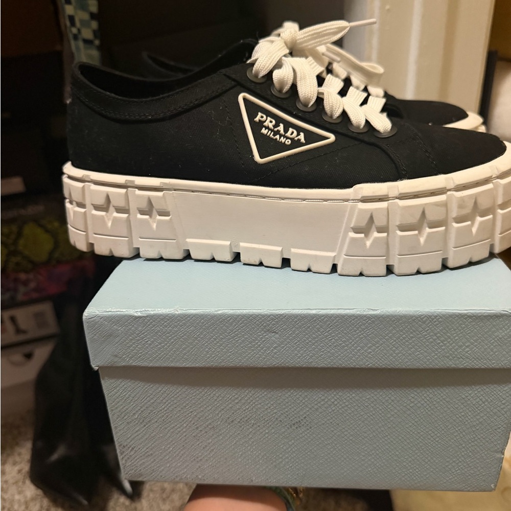 Prada Black Canvas Platform Sneakers with White Lug Sole